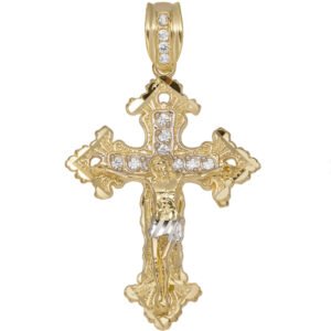 Lab VVS1 Clarity Diamonds on 14K Yellow Gold Roman Crucifix Pendant