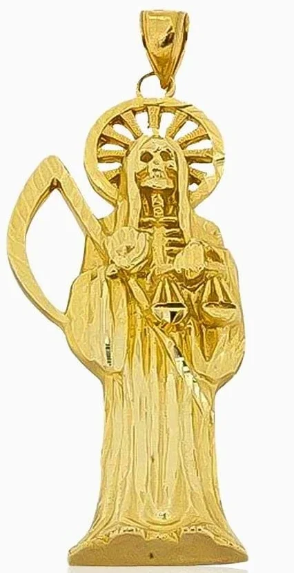 14k Solid Yellow Gold Santa Muerte Pendant