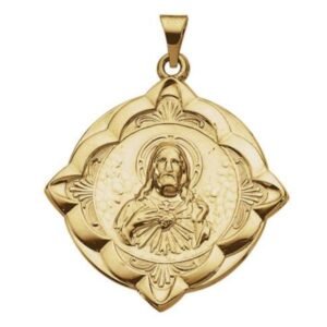 14k Solid Yellow Gold Sacred Heart of Jesus Fancy Pendant