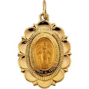 14k Solid Yellow Gold Floral Virgencita Pendant 22x16mm